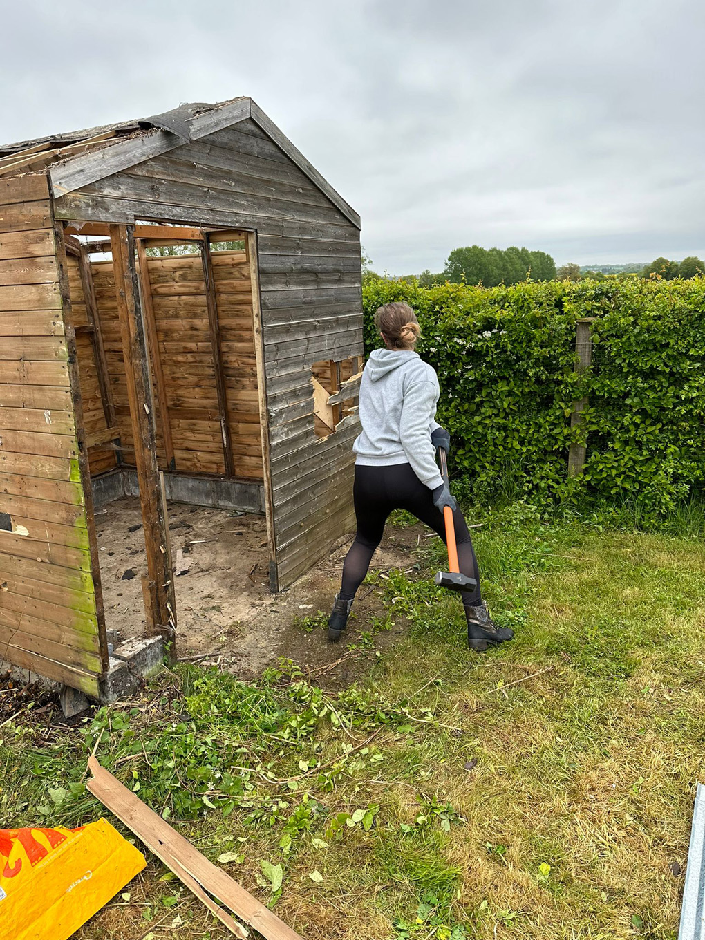 Lady with sledgehammer destroying a shed.