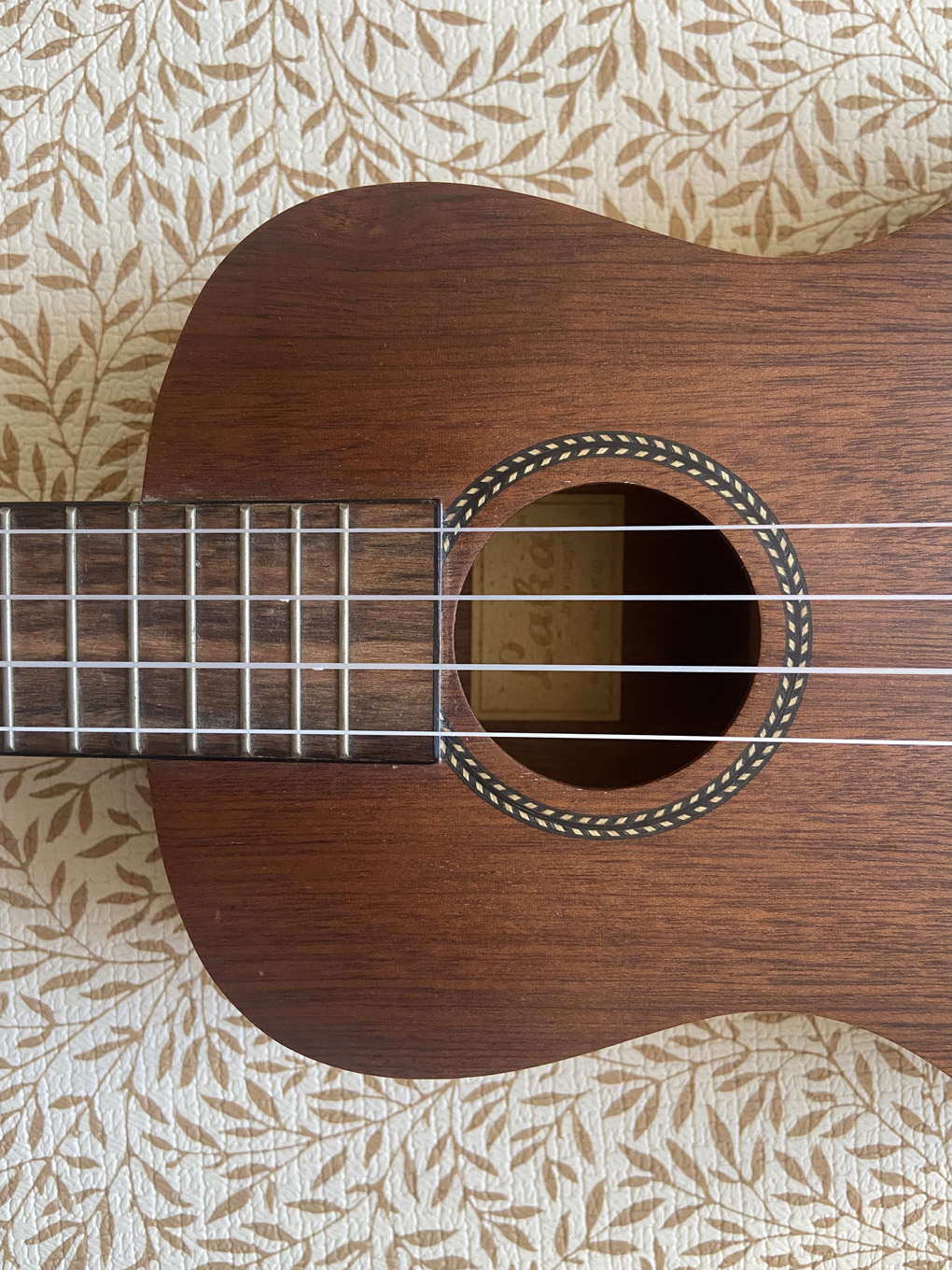 Detail shot of a mahogony alto ukulele.