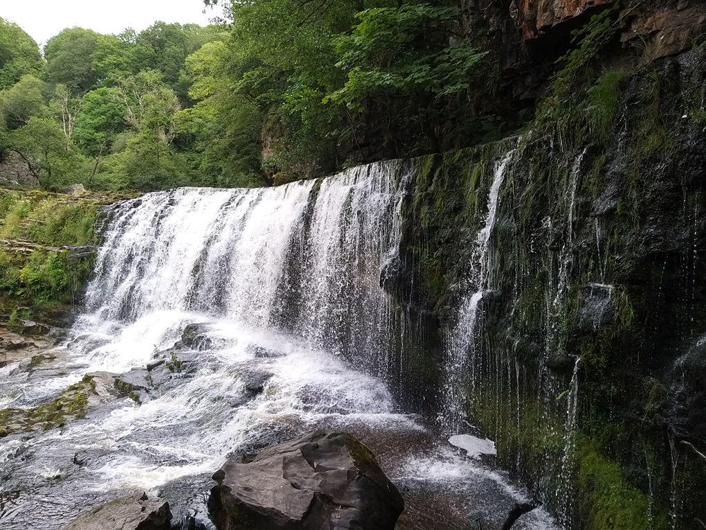 Big wide waterfall in an arc, with a backdrop of moss and trees