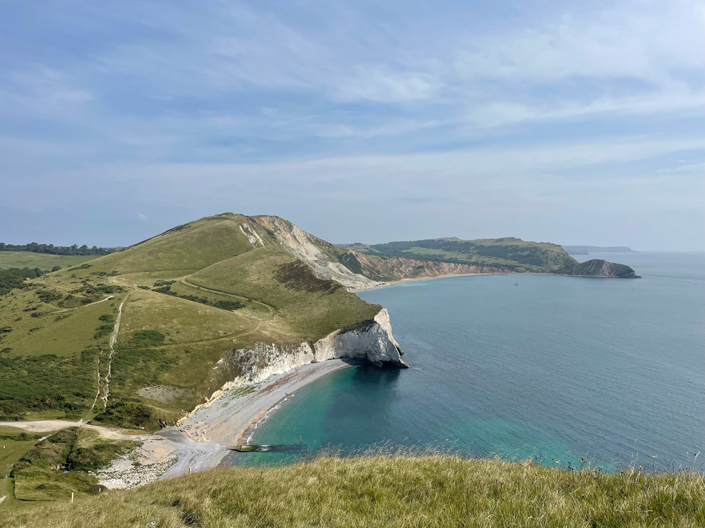 Chalk cliff coves and crystal blue sea