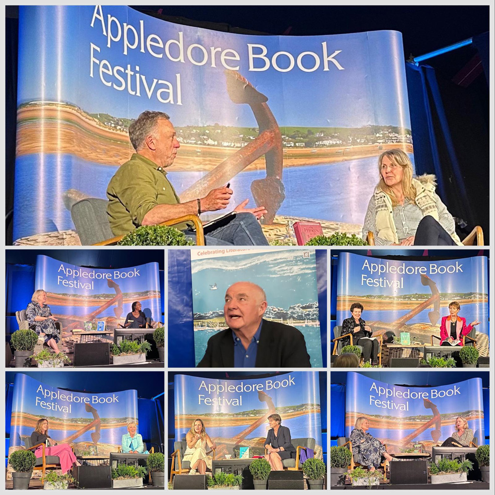 Stage shots of authors and interviewers at the Appledore Book Festival