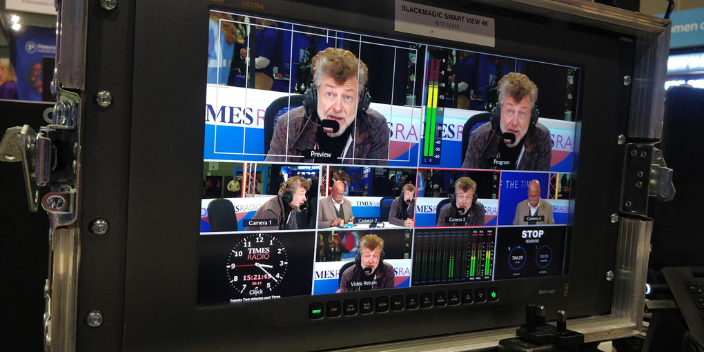 Camera multiview showing varioius angles of Andy Serkis and John Pienaar in the Times Radio outsifde broadcast studio