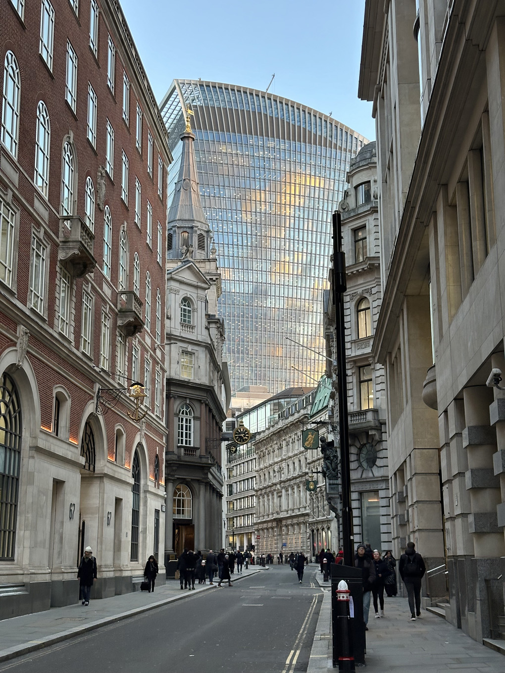 Looking down Lombard Street in London at the 