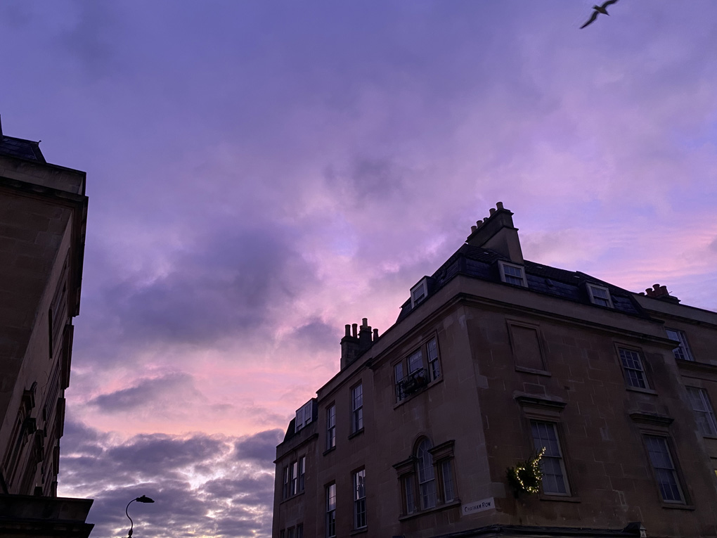 The upper floors of two Georgian buildings in Bath, viewed from below. Behind them is the sky just before sunrise, in shades of pink and purple, with some patchy clouds and a seagull flying past. One of the buildings has some Christmas lights.