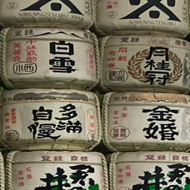 Many jugs of sake on shelves