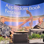 Stage shots of authors and interviewers at the Appledore Book Festival