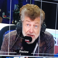 Camera multiview showing varioius angles of Andy Serkis and John Pienaar in the Times Radio outsifde broadcast studio