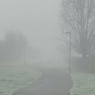 A winding path disappears into mist with frosty grass.