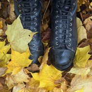 A pair of black lace boots partially buried in a mix of crisp autumn leaves of varying colours.