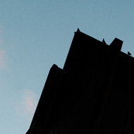 A pigeon in flight, flying away from the corner of a tower block in bath where the rest of its flock roosts, in stillness.