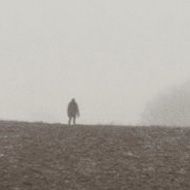 A bleak picture with only three elements. We're looking up a muddy slope to a distant figure a few trees lie hidden in the mist in the background.