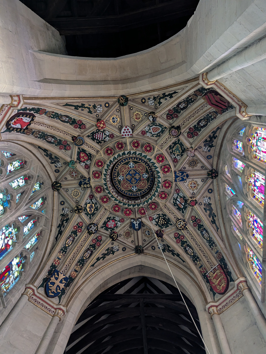 An ornate painted ceiling in a church at Kempsford.