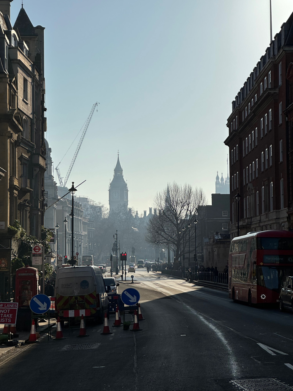 Looking down Whitehall from Trafalgar Square with Big Ben in the distance.