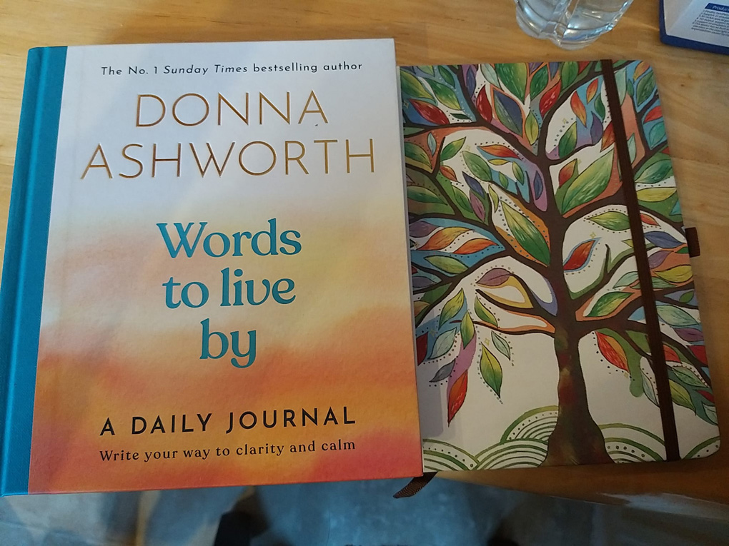 A daily journal called Words to live by, alongside a blank notebook with a cheerfully colourful tree drawn in the cover.