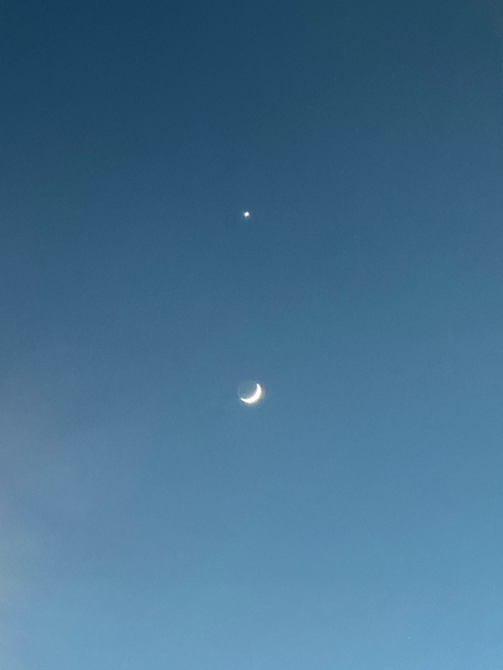 Crescent moon with Venus as hard white dot beneath.