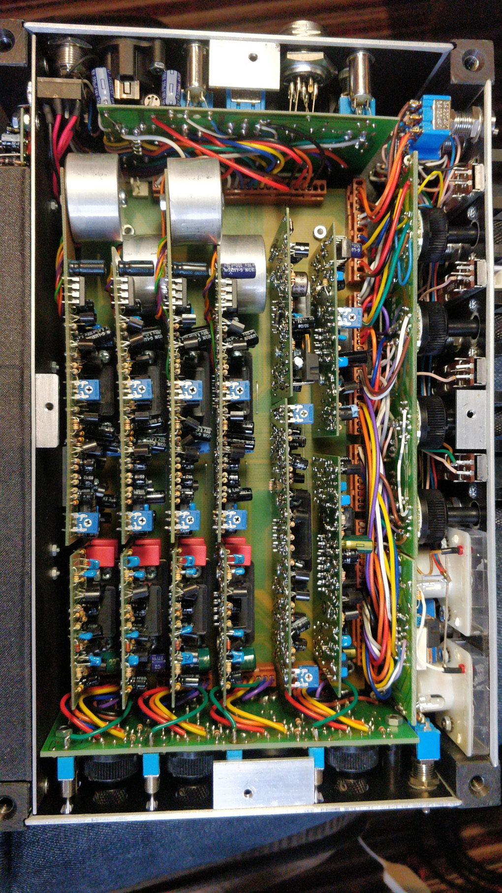 Interior of portable audio mixer showing circuitry