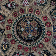 An ornate painted ceiling in a church at Kempsford.