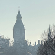 Looking down Whitehall from Trafalgar Square with Big Ben in the distance.