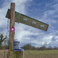 The foreground contains an old fencepost next to a bridleway sign. Instead of words the sign shows three outlines of horses. And on top of the fence post someone has placed a single blue  child's wellington.